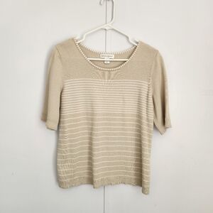 Christopher & Banks women's M, short sleeve knit cotton top. Beige + white